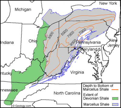 A map showing the Marcellus at a depth of 3,000 feet in central Ohio and deepening to 9,000 feet in the east. Shale thickness reaches 890 feet in New Jersey and thins to the west, where it decreases to 49 feet in Ohio.
