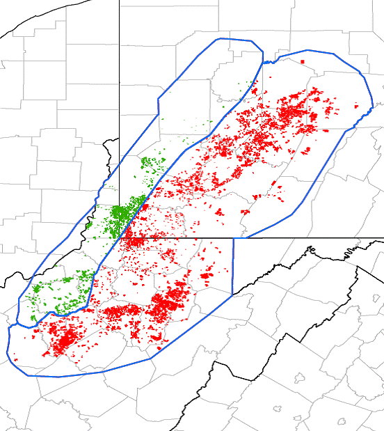 Consol\'s acreage is shown in red and green. The red is dry gas, while the green is liquids-rich.
