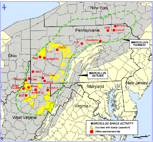 A map showing the location of Gastar\'s acreage and the acreage of its competitors.