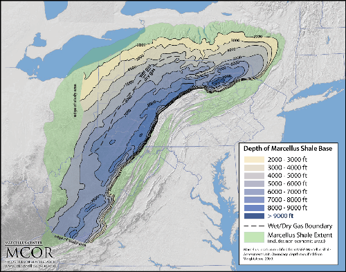 Map showing both the depth of the Marcellus and the thickness.
